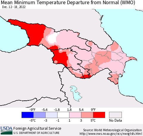 Azerbaijan, Armenia and Georgia Mean Minimum Temperature Departure from Normal (WMO) Thematic Map For 12/12/2022 - 12/18/2022