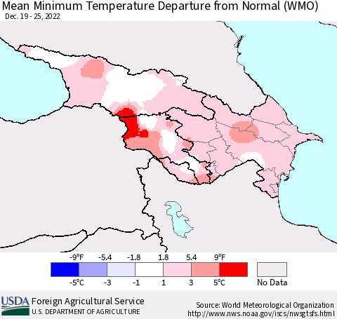 Azerbaijan, Armenia and Georgia Mean Minimum Temperature Departure from Normal (WMO) Thematic Map For 12/19/2022 - 12/25/2022
