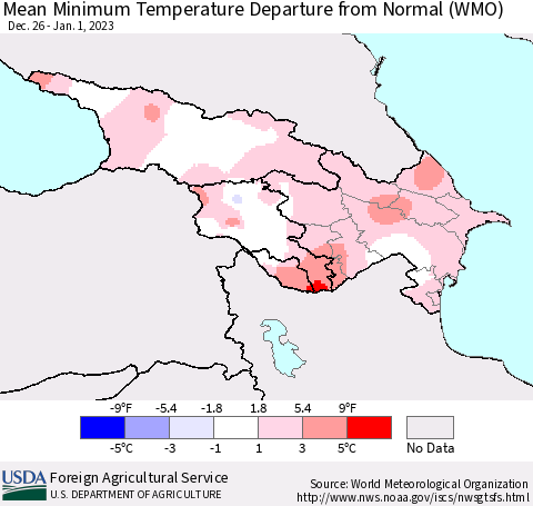 Azerbaijan, Armenia and Georgia Mean Minimum Temperature Departure from Normal (WMO) Thematic Map For 12/26/2022 - 1/1/2023