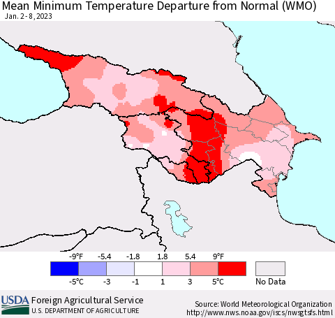 Azerbaijan, Armenia and Georgia Mean Minimum Temperature Departure from Normal (WMO) Thematic Map For 1/2/2023 - 1/8/2023
