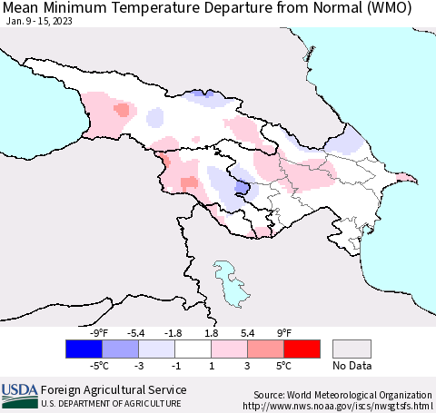 Azerbaijan, Armenia and Georgia Mean Minimum Temperature Departure from Normal (WMO) Thematic Map For 1/9/2023 - 1/15/2023