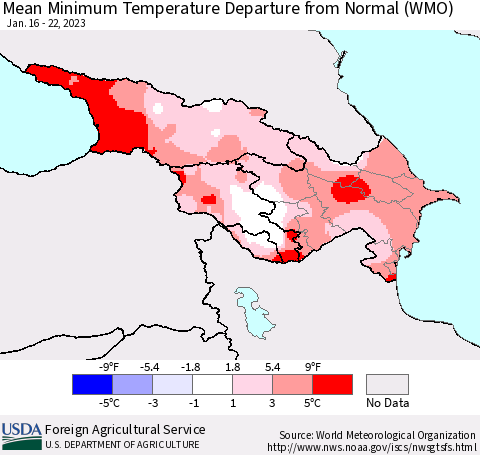 Azerbaijan, Armenia and Georgia Mean Minimum Temperature Departure from Normal (WMO) Thematic Map For 1/16/2023 - 1/22/2023