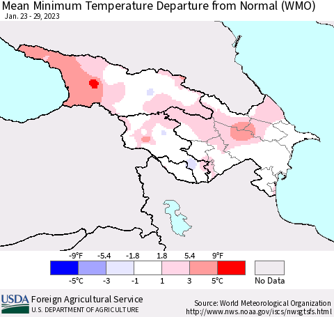 Azerbaijan, Armenia and Georgia Mean Minimum Temperature Departure from Normal (WMO) Thematic Map For 1/23/2023 - 1/29/2023