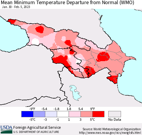 Azerbaijan, Armenia and Georgia Mean Minimum Temperature Departure from Normal (WMO) Thematic Map For 1/30/2023 - 2/5/2023