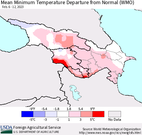 Azerbaijan, Armenia and Georgia Mean Minimum Temperature Departure from Normal (WMO) Thematic Map For 2/6/2023 - 2/12/2023