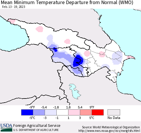 Azerbaijan, Armenia and Georgia Mean Minimum Temperature Departure from Normal (WMO) Thematic Map For 2/13/2023 - 2/19/2023