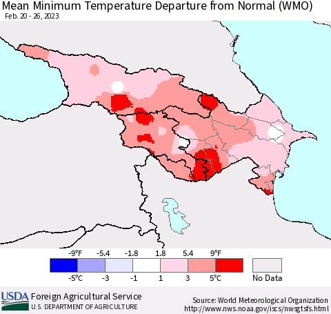 Azerbaijan, Armenia and Georgia Mean Minimum Temperature Departure from Normal (WMO) Thematic Map For 2/20/2023 - 2/26/2023