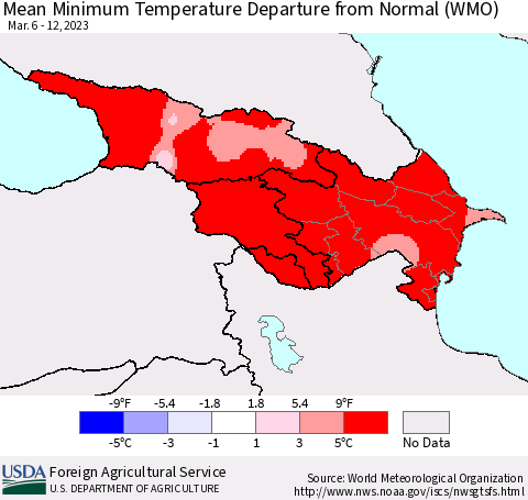 Azerbaijan, Armenia and Georgia Mean Minimum Temperature Departure from Normal (WMO) Thematic Map For 3/6/2023 - 3/12/2023