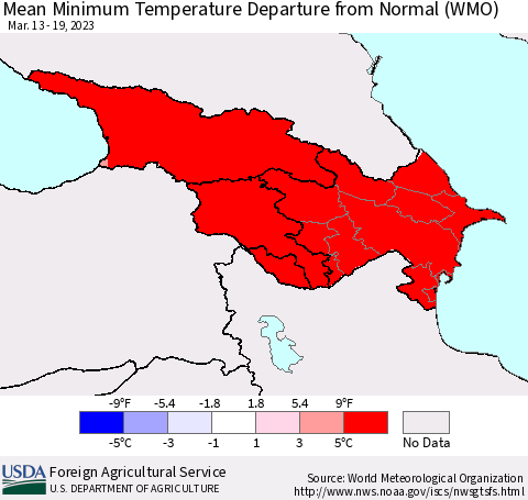 Azerbaijan, Armenia and Georgia Mean Minimum Temperature Departure from Normal (WMO) Thematic Map For 3/13/2023 - 3/19/2023