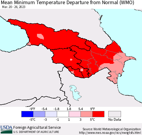 Azerbaijan, Armenia and Georgia Mean Minimum Temperature Departure from Normal (WMO) Thematic Map For 3/20/2023 - 3/26/2023