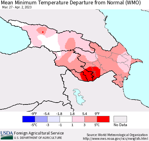 Azerbaijan, Armenia and Georgia Mean Minimum Temperature Departure from Normal (WMO) Thematic Map For 3/27/2023 - 4/2/2023