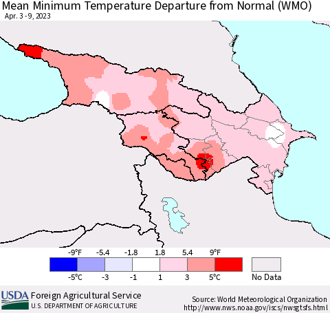Azerbaijan, Armenia and Georgia Mean Minimum Temperature Departure from Normal (WMO) Thematic Map For 4/3/2023 - 4/9/2023