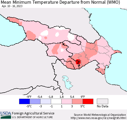 Azerbaijan, Armenia and Georgia Mean Minimum Temperature Departure from Normal (WMO) Thematic Map For 4/10/2023 - 4/16/2023