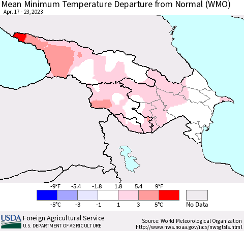 Azerbaijan, Armenia and Georgia Mean Minimum Temperature Departure from Normal (WMO) Thematic Map For 4/17/2023 - 4/23/2023