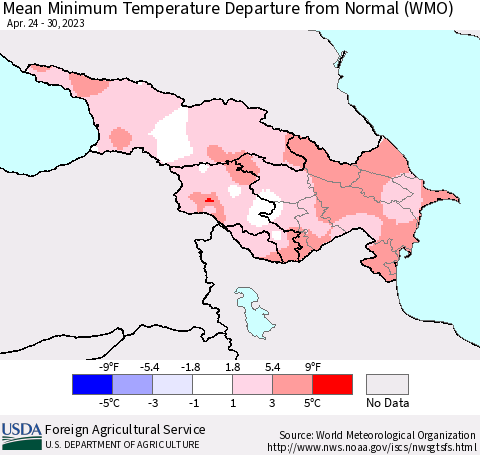 Azerbaijan, Armenia and Georgia Mean Minimum Temperature Departure from Normal (WMO) Thematic Map For 4/24/2023 - 4/30/2023