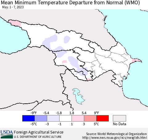 Azerbaijan, Armenia and Georgia Mean Minimum Temperature Departure from Normal (WMO) Thematic Map For 5/1/2023 - 5/7/2023