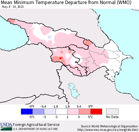 Azerbaijan, Armenia and Georgia Mean Minimum Temperature Departure from Normal (WMO) Thematic Map For 5/8/2023 - 5/14/2023