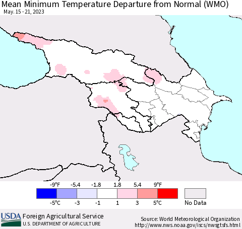 Azerbaijan, Armenia and Georgia Mean Minimum Temperature Departure from Normal (WMO) Thematic Map For 5/15/2023 - 5/21/2023
