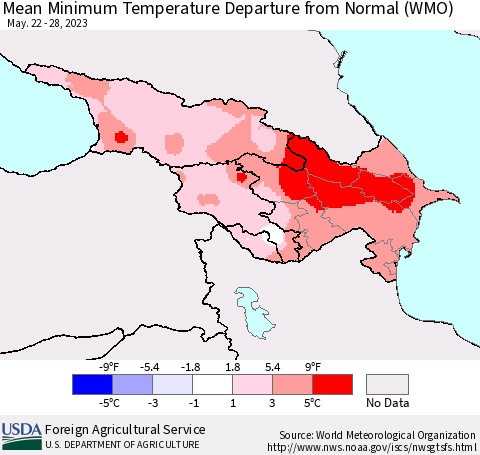Azerbaijan, Armenia and Georgia Mean Minimum Temperature Departure from Normal (WMO) Thematic Map For 5/22/2023 - 5/28/2023