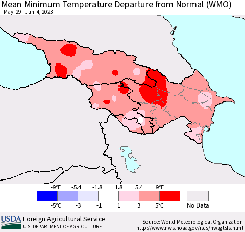 Azerbaijan, Armenia and Georgia Mean Minimum Temperature Departure from Normal (WMO) Thematic Map For 5/29/2023 - 6/4/2023