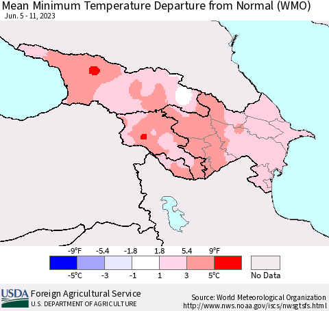 Azerbaijan, Armenia and Georgia Mean Minimum Temperature Departure from Normal (WMO) Thematic Map For 6/5/2023 - 6/11/2023