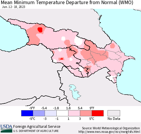Azerbaijan, Armenia and Georgia Mean Minimum Temperature Departure from Normal (WMO) Thematic Map For 6/12/2023 - 6/18/2023