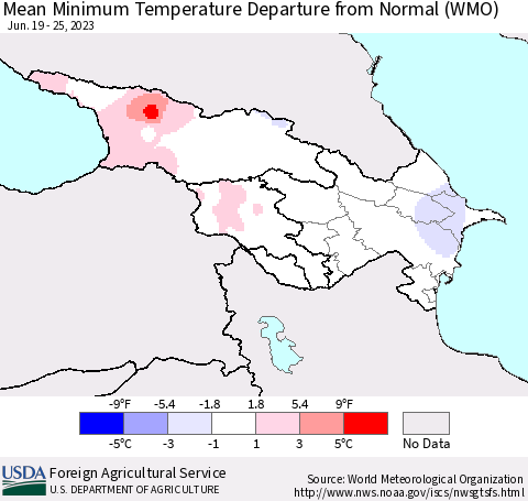 Azerbaijan, Armenia and Georgia Mean Minimum Temperature Departure from Normal (WMO) Thematic Map For 6/19/2023 - 6/25/2023