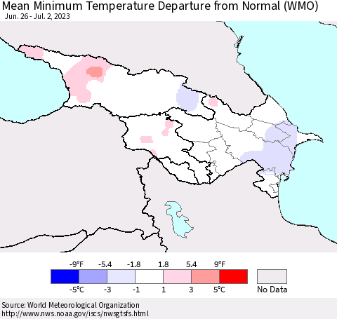 Azerbaijan, Armenia and Georgia Mean Minimum Temperature Departure from Normal (WMO) Thematic Map For 6/26/2023 - 7/2/2023