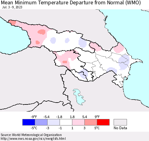 Azerbaijan, Armenia and Georgia Mean Minimum Temperature Departure from Normal (WMO) Thematic Map For 7/3/2023 - 7/9/2023