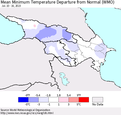 Azerbaijan, Armenia and Georgia Mean Minimum Temperature Departure from Normal (WMO) Thematic Map For 7/10/2023 - 7/16/2023