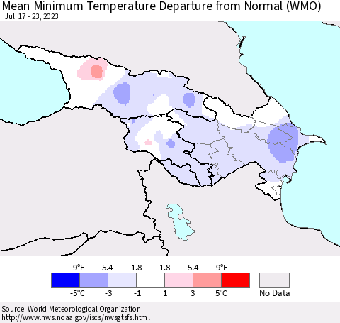 Azerbaijan, Armenia and Georgia Mean Minimum Temperature Departure from Normal (WMO) Thematic Map For 7/17/2023 - 7/23/2023