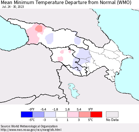 Azerbaijan, Armenia and Georgia Mean Minimum Temperature Departure from Normal (WMO) Thematic Map For 7/24/2023 - 7/30/2023