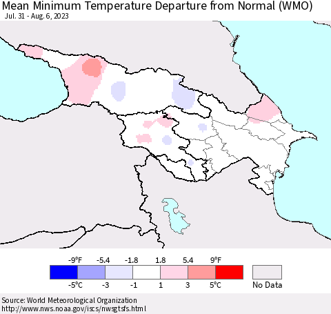 Azerbaijan, Armenia and Georgia Mean Minimum Temperature Departure from Normal (WMO) Thematic Map For 7/31/2023 - 8/6/2023