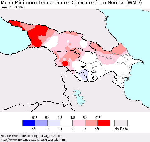 Azerbaijan, Armenia and Georgia Mean Minimum Temperature Departure from Normal (WMO) Thematic Map For 8/7/2023 - 8/13/2023