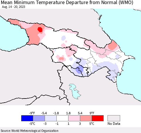 Azerbaijan, Armenia and Georgia Mean Minimum Temperature Departure from Normal (WMO) Thematic Map For 8/14/2023 - 8/20/2023