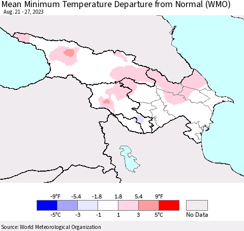 Azerbaijan, Armenia and Georgia Mean Minimum Temperature Departure from Normal (WMO) Thematic Map For 8/21/2023 - 8/27/2023