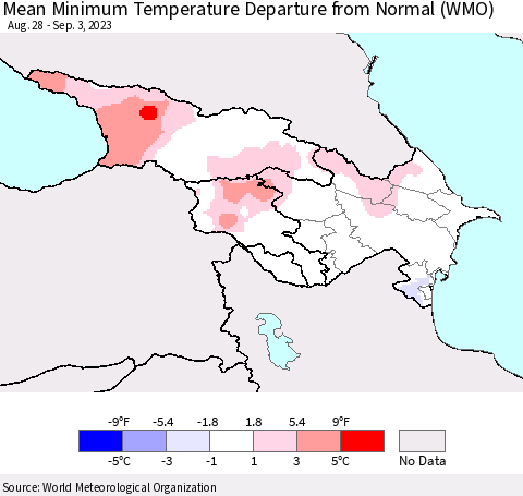 Azerbaijan, Armenia and Georgia Mean Minimum Temperature Departure from Normal (WMO) Thematic Map For 8/28/2023 - 9/3/2023