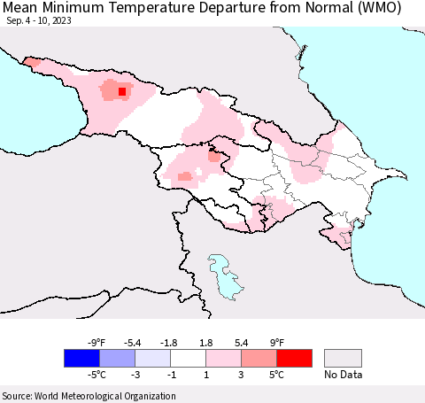 Azerbaijan, Armenia and Georgia Mean Minimum Temperature Departure from Normal (WMO) Thematic Map For 9/4/2023 - 9/10/2023