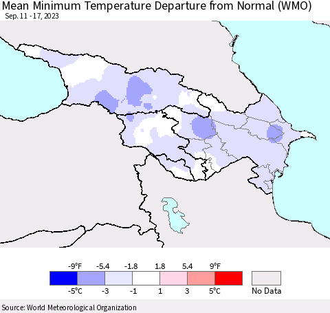 Azerbaijan, Armenia and Georgia Mean Minimum Temperature Departure from Normal (WMO) Thematic Map For 9/11/2023 - 9/17/2023