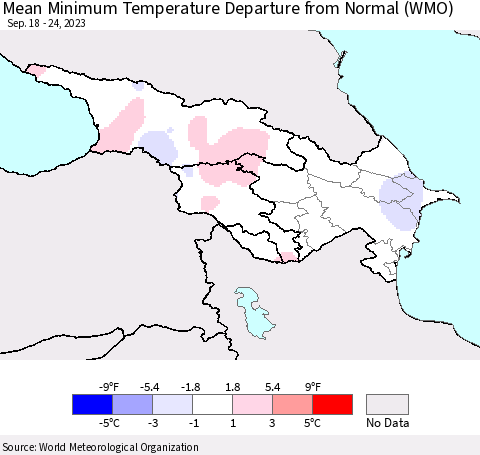 Azerbaijan, Armenia and Georgia Mean Minimum Temperature Departure from Normal (WMO) Thematic Map For 9/18/2023 - 9/24/2023