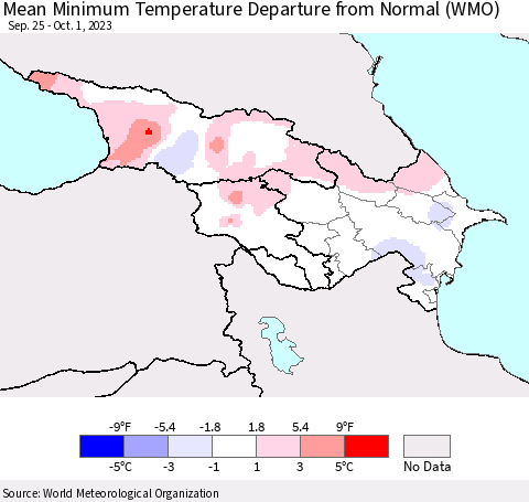 Azerbaijan, Armenia and Georgia Mean Minimum Temperature Departure from Normal (WMO) Thematic Map For 9/25/2023 - 10/1/2023