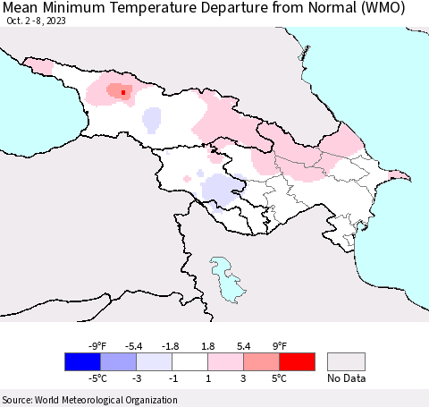 Azerbaijan, Armenia and Georgia Mean Minimum Temperature Departure from Normal (WMO) Thematic Map For 10/2/2023 - 10/8/2023
