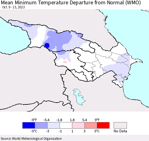 Azerbaijan, Armenia and Georgia Mean Minimum Temperature Departure from Normal (WMO) Thematic Map For 10/9/2023 - 10/15/2023