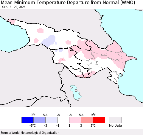 Azerbaijan, Armenia and Georgia Mean Minimum Temperature Departure from Normal (WMO) Thematic Map For 10/16/2023 - 10/22/2023