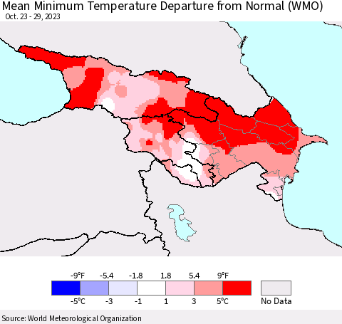 Azerbaijan, Armenia and Georgia Mean Minimum Temperature Departure from Normal (WMO) Thematic Map For 10/23/2023 - 10/29/2023