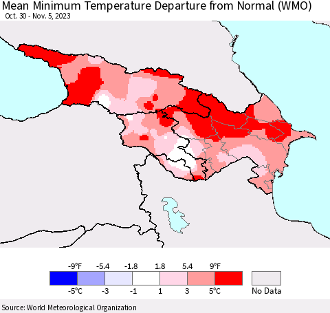 Azerbaijan, Armenia and Georgia Mean Minimum Temperature Departure from Normal (WMO) Thematic Map For 10/30/2023 - 11/5/2023