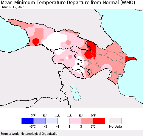 Azerbaijan, Armenia and Georgia Mean Minimum Temperature Departure from Normal (WMO) Thematic Map For 11/6/2023 - 11/12/2023