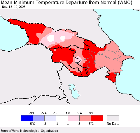 Azerbaijan, Armenia and Georgia Mean Minimum Temperature Departure from Normal (WMO) Thematic Map For 11/13/2023 - 11/19/2023