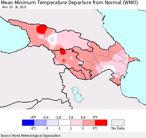 Azerbaijan, Armenia and Georgia Mean Minimum Temperature Departure from Normal (WMO) Thematic Map For 11/20/2023 - 11/26/2023