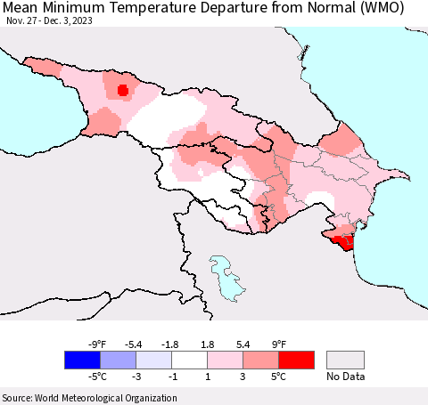 Azerbaijan, Armenia and Georgia Mean Minimum Temperature Departure from Normal (WMO) Thematic Map For 11/27/2023 - 12/3/2023